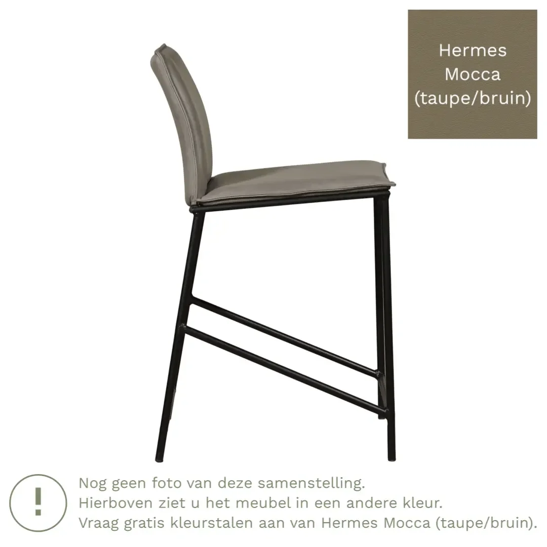afbeelding van Leren barkruk laag Favor - Hermes Mocca (taupe/bruin) - poten staal rond zwart